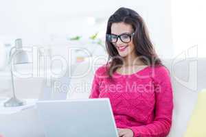 Smiling beautiful brunette using her laptop on the couch