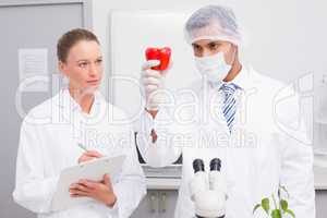 Scientist examining peppers while colleague writing in clipboard
