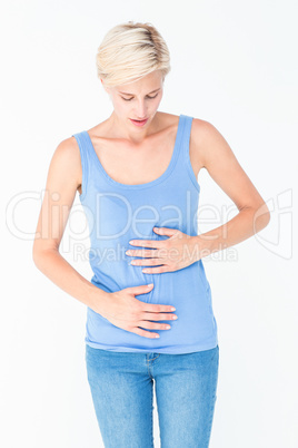 Casual woman with stomach pain Casual woman with stomach pain