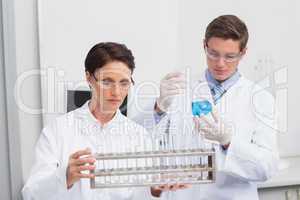 Scientists looking attentively at test tubes