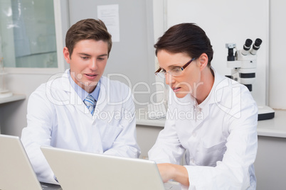 Scientists working attentively with laptop