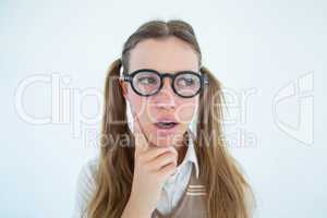 Female geeky hipster looking confused