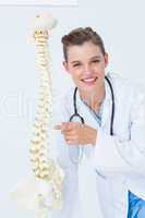 Smiling doctor pointing an anatomical spine
