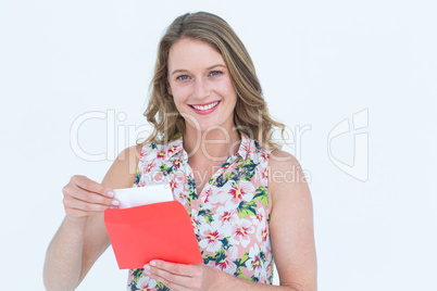 Smiling woman with letter