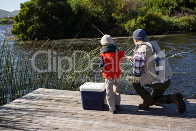 Happy man fishing with his son