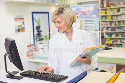 Pharmacist using the computer