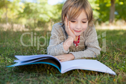 Cute little boy reading in park