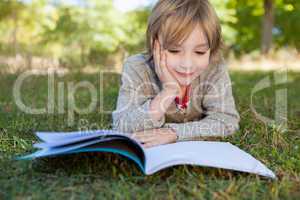 Cute little boy reading in park