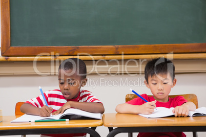 Cute pupils writing at desk in classroom