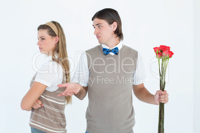 Geeky hipster couple not talking after argument