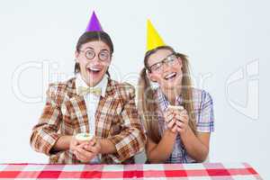 Geeky hipsters celebrating birthday