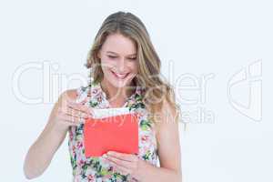 Smiling woman with letter