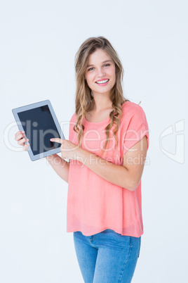 Hipster woman showing tablet pc