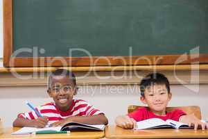 Cute pupils writing at desk in classroom