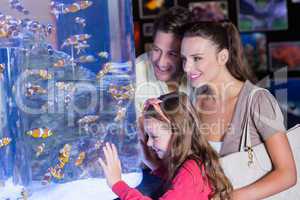 Happy family looking at fish tank