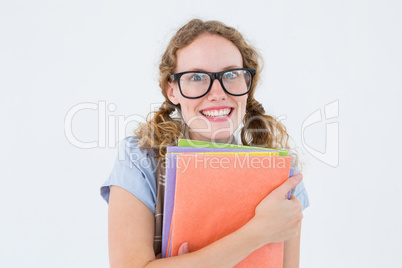 Geeky hipster woman holding files