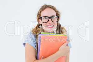 Geeky hipster woman holding files