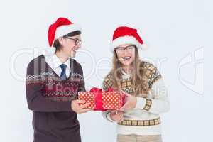 Geeky hipster couple holding present