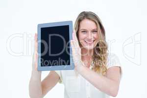 Woman showing tablet pc