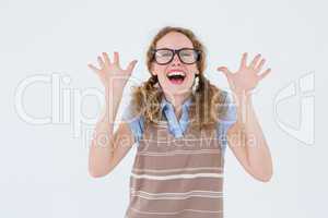 Geeky hipster woman smiling and showing her hands