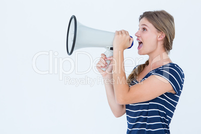 Woman speaking through a loudspeaker