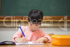 Cute pupil writing at desk in classroom