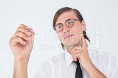 Geeky businessman writing with pen Geeky businessman writing with pen