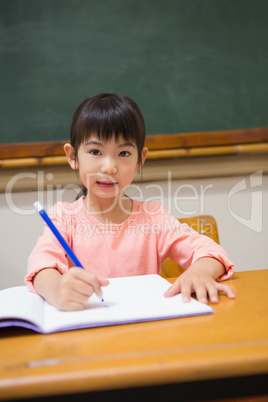 Cute pupil writing at desk in classroom