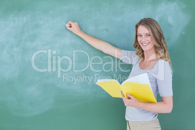 Smiling teacher writing on blackboard