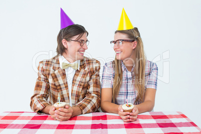 Geeky hipsters celebrating birthday