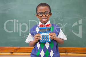 Happy pupil showing calculator