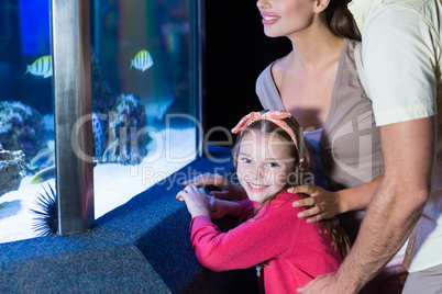 Happy family looking at fish tank