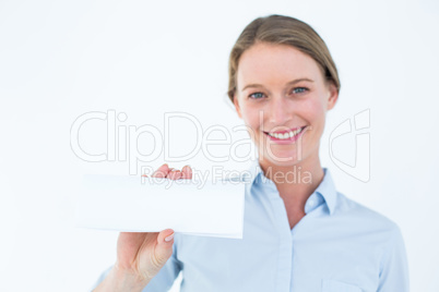 Businesswoman showing her business card