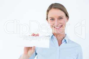 Businesswoman showing her business card