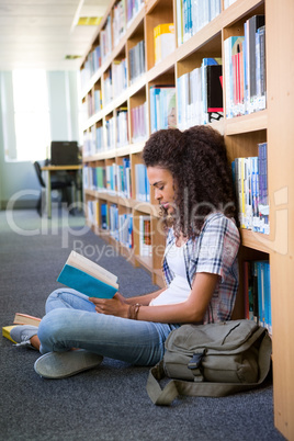 Student sitting on floor in library reading