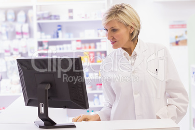 Pharmacist using the computer