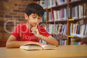 Cute boy reading book in library