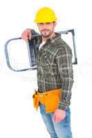 Smiling manual worker carrying step ladder