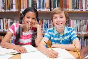 Cute pupils drawing in library