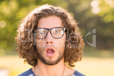 Handsome hipster looking surprised in park