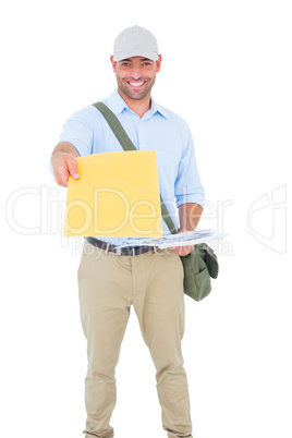 Postman delivering letter on white background