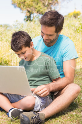 Father and son in the countryside using laptop