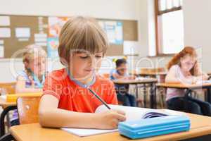Cute pupils writing at desk in classroom