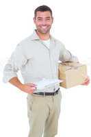 Delivery man with cardboard box and clipboard on white backgroun