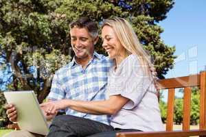 Couple relaxing in the park with laptop