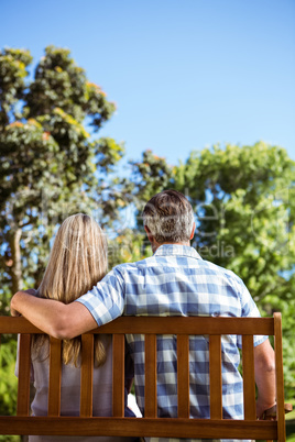 Couple relaxing in the park on bench Couple relaxing in the park on bench