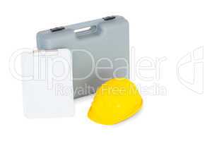 Toolbox, hardhat and clipboard on white background