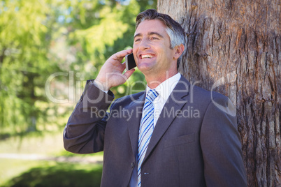 Businessman on the phone in park