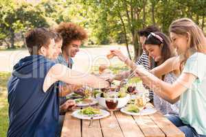 Happy friends in the park having lunch