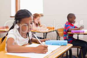 Cute pupils writing at desk in classroom